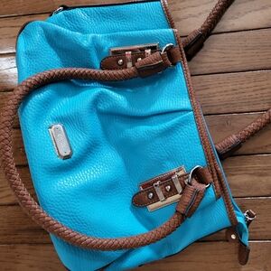 Chaps Turquoise Leather Shoulder Bag with Brown Braided Straps